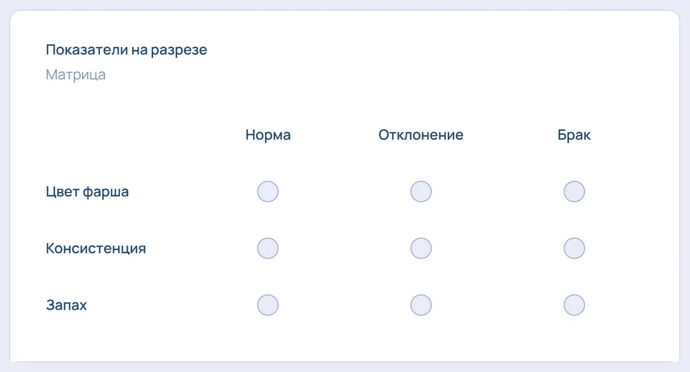 Матрица в конструкторе: Показатели на разрезе: норма, отклонение или брак по каждой строке