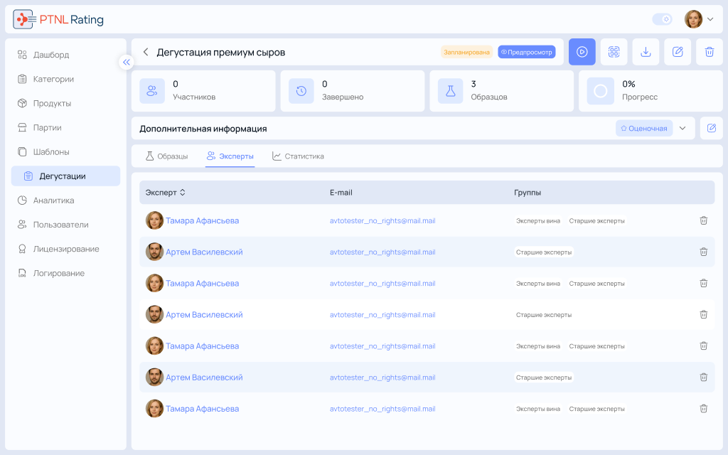 Вкладка «Эксперты»
